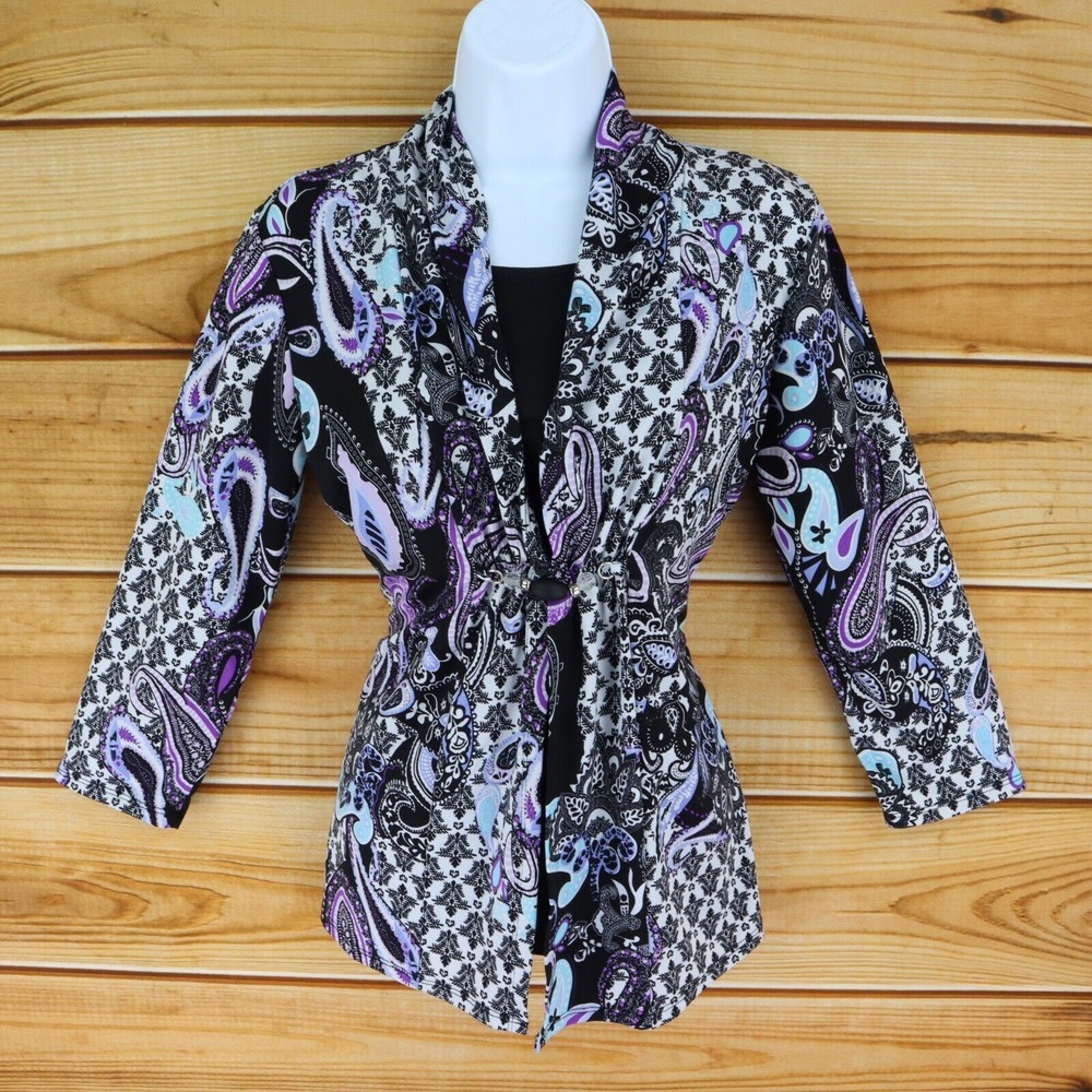 Notations Layered Blouse Womens S Multicolor Paisley Beads 3/4 Sleeves Stretch